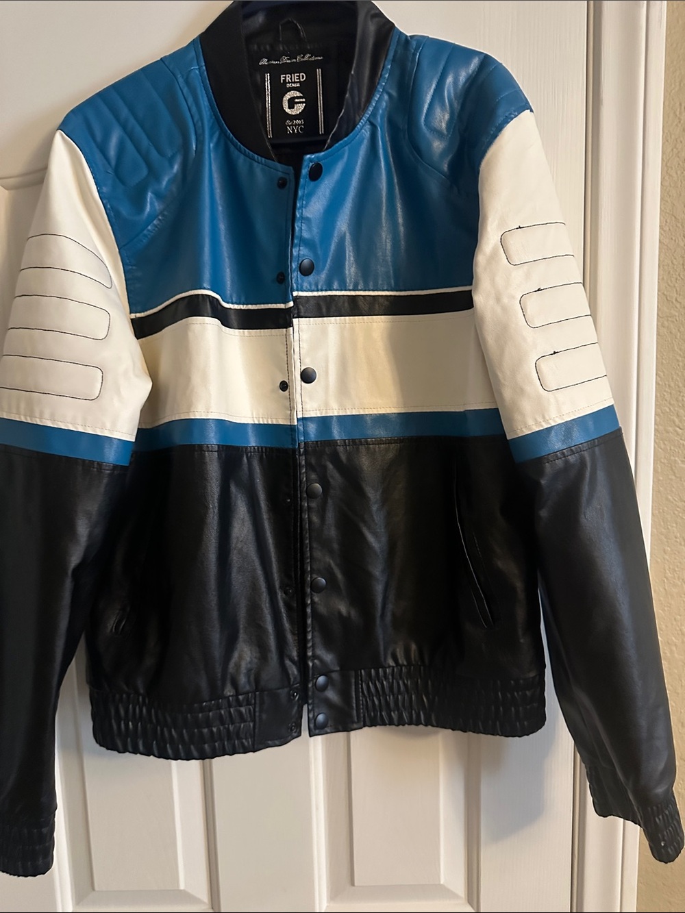 Colorblock Faux Leather Jacket - Blue, White & Black
